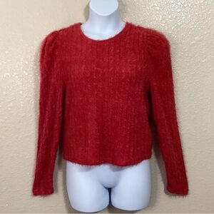 Red Eyelash Yarn Puff Sleeve Sweater